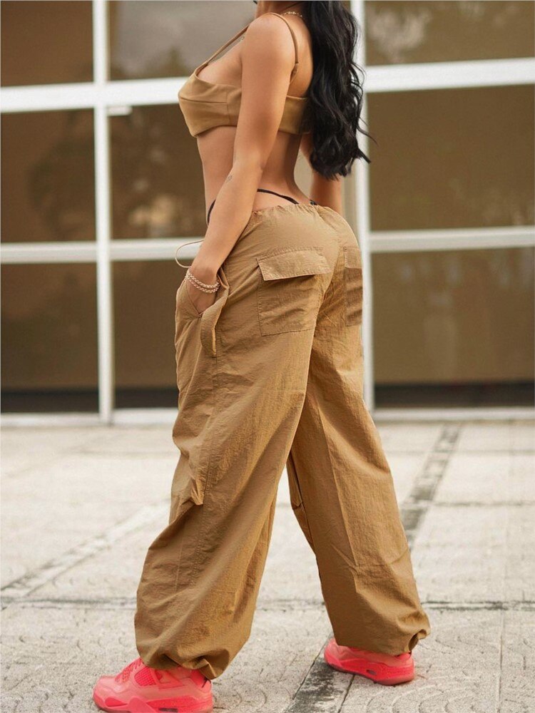 Vintage Solid High Waist Cargo Pants For Women Fashion Loose With Pocket Lace-up Trousers 2023 Autumn Ladies Chic Streetwear