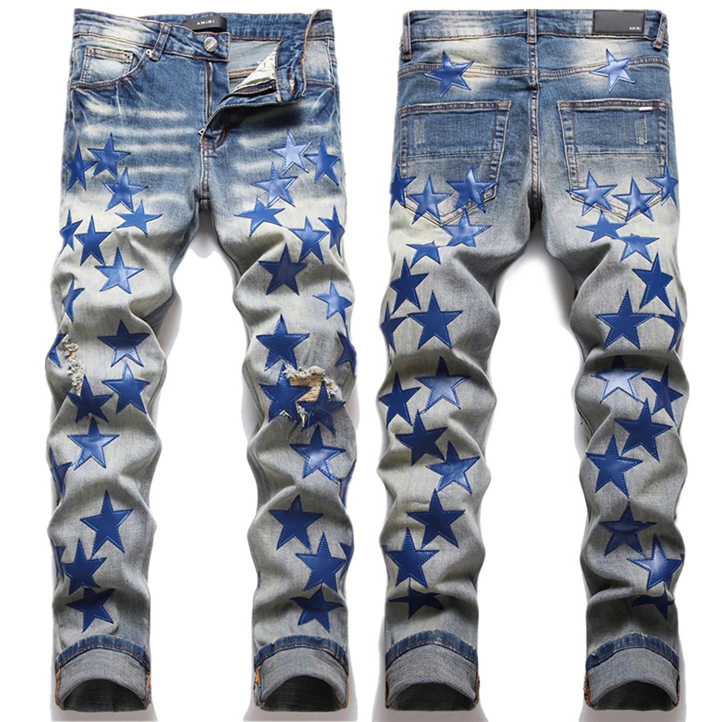 Men’s slimming denim pants light luxury stars embroidery jeans trendy ripped casual jeans street fashion jeans pants men;