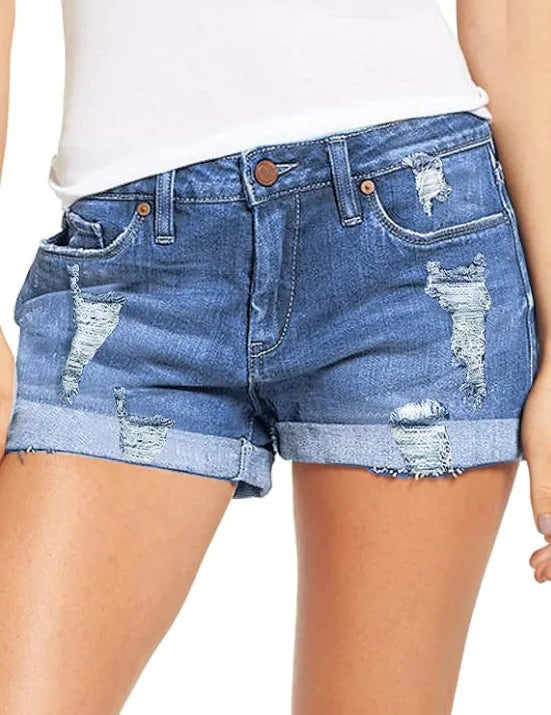 Denim Shorts for Women High Rise Ripped Distressed Jean Shorts And Pockets Summer Casual Cuffed Hem Non Stretchy Denim Shorts