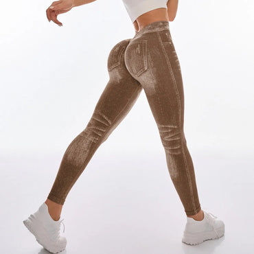  Women Sport Yoga Leggings Faux Jeans Skinny Tight Seamless Fitness Outerdoor Pants