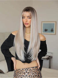 Natural Looking Black and white hair  28 Inch Straight Hair Wig Synthetic Heat Resistant Wigs For Women