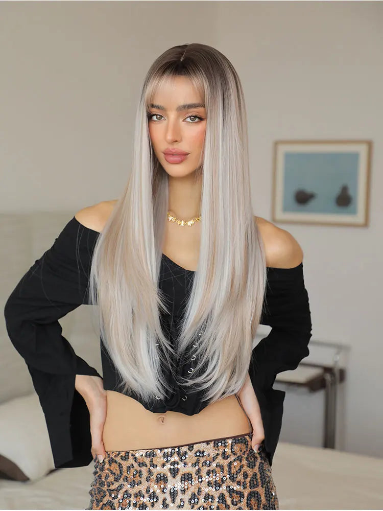 Natural Looking Black and white hair  28 Inch Straight Hair Wig Synthetic Heat Resistant Wigs For Women