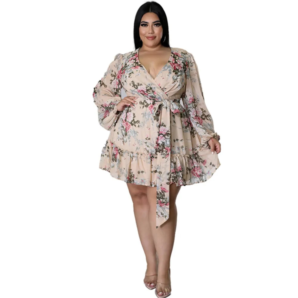 Wmstar Dresses Women Plus Size 5xl Sexy Party Flower Print Mini Dress Loose Elegant Casual Outfits 2022 Wholesale Dropshipping