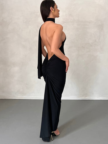 Halter Backless Maxi Dresses For Women Summer 2023 Elegant Mermaid Long Party Evening Dress Bandage Ruched Bodycon Dress White