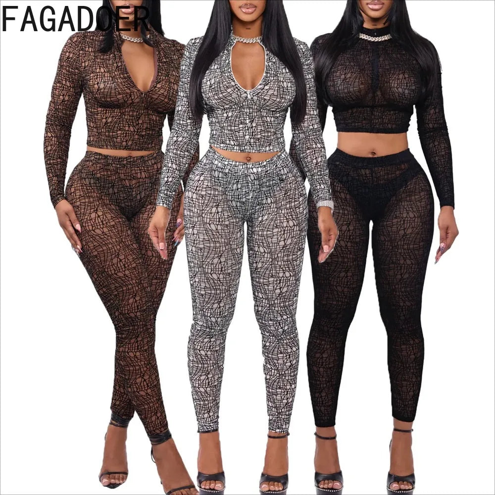 FAGADOER Sexy Stripe Patchwork 2 Pieces Set for Woman Outfit Solid Long Sleeves Crop Top and Leggings Pants Female Streetwear
