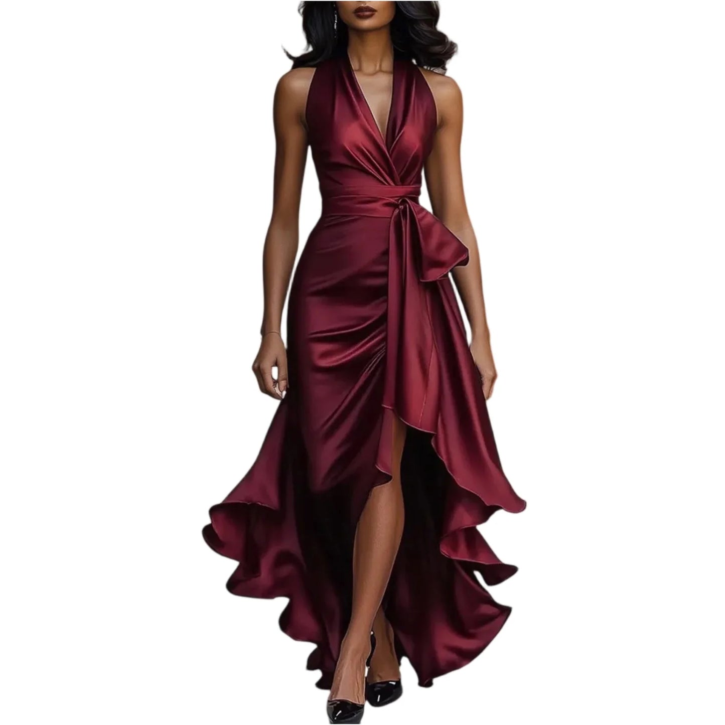 Women Fashion Solid Color V Neck Sleeveless Irregular Hem Midi Dress Party Cocktail Elegant Dress for Night Out
