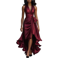 Women Fashion Solid Color V Neck Sleeveless Irregular Hem Midi Dress Party Cocktail Elegant Dress for Night Out