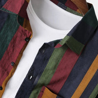 Autumn Men's Streetwear Colorful Vertical Stripes Loose Long Sleeve Shirt Leisure Fashion Retro Button-down Cotton Pockets Tops