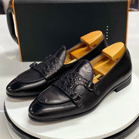 Luxury Men's Genuine Cow Leather Dress Shoes Green Black Slip-on Loafer Monk Strap Buckle Casual Business Wedding Footwear