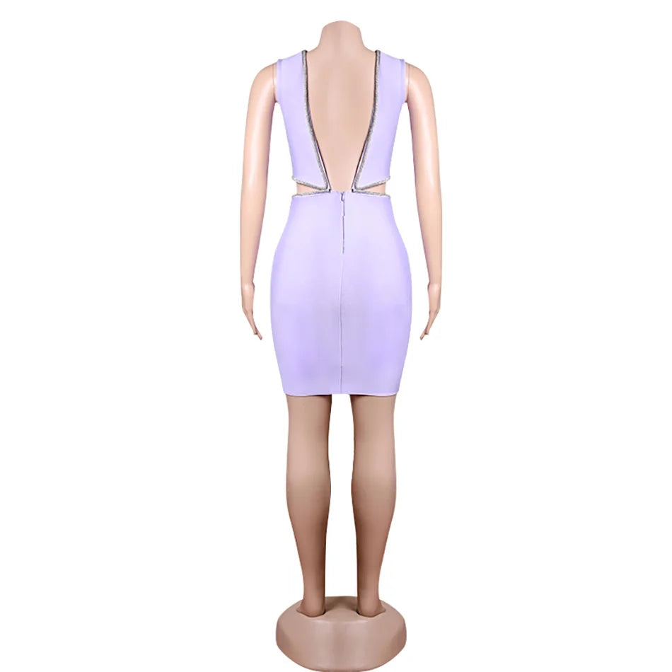 Diamond Round Neck Backless Bandage Dress Sleeveless Sexy Waist Cut Out Mini Bodycon Wire-line Drilling Summer Clubwear