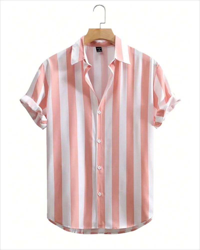 2024 men's shirt button shirt summer shirt 8 color short -sleeved striped striped lapel fashion Hawaiian casual beach shirt