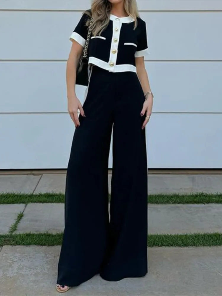 Spring Autumn Women's New Fashion Color Blocked Commuter Short Sleeved Top Straight Leg Pants Set Two Piece Set