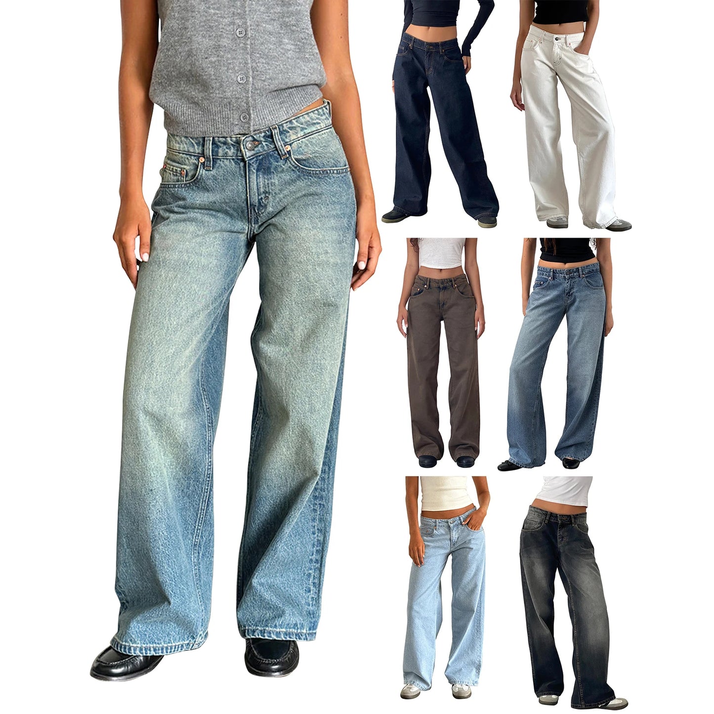 Women's versatile jeans, aesthetic solid color low rise zipper button trousers with pockets for everyday street wear