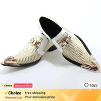 Italian Style Gentleman Dress Shoes Men black Metal Pointed Toe Snake Grain Genuine Leather Shoes Business Party Shoes Men Flat