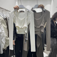 Women's Design Sexy Halter Fake Two Piece Top Metal Button Slim Long Sleeve T-shirt 2023 Spring Summer New  футболки