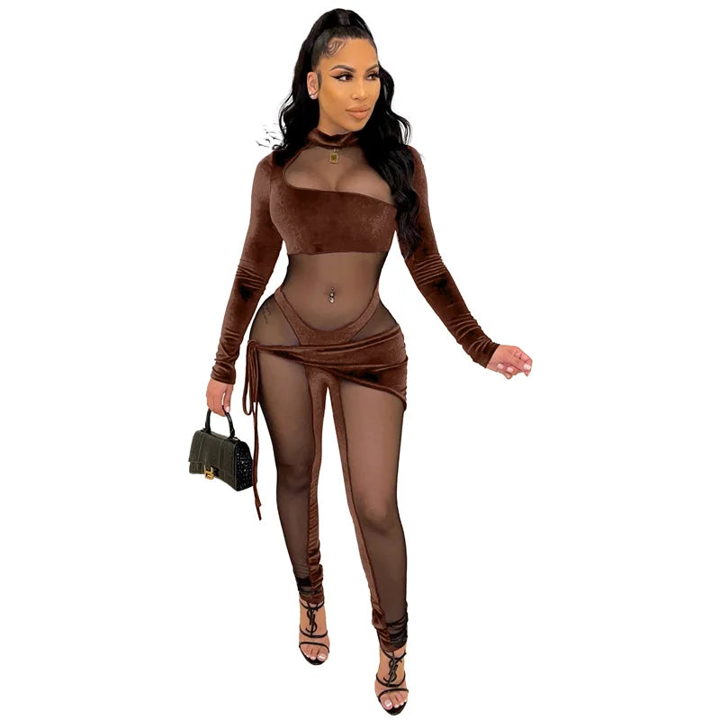Sexy See-through Mesh Patchwork Velvet Jumpsuit Women Clubwear Long Sleeve Rompers Womens Jumpsuit Bodycon Overalls for Women