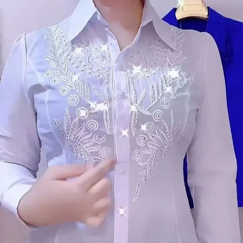 Shiny Sequins Long Sleeve White Shirt New High End Chic High Design Embroidery Hot Diamond Blouses Women Tops Red Blue