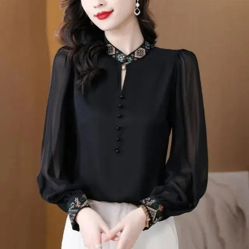 Spring Women Clothing Chiffon Shirt Stand Collar Embroidered Button New Chinese Style Fashion Elegant Long Sleeve Loose Tops