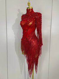 STOCK Sparkly Rhinestones Tassel Sexy See-Through Dress Women One Shoulder Latin Dance Outfits Bar Nightclub Party Stage Costume