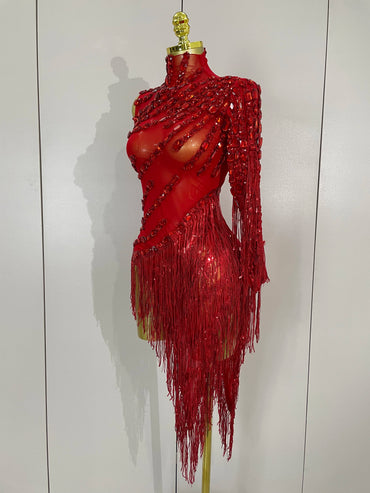 STOCK Sparkly Rhinestones Tassel Sexy See-Through Dress Women One Shoulder Latin Dance Outfits Bar Nightclub Party Stage Costume