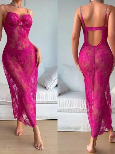 New Sexy Lace Mesh Transparent Embroidered Strap Dress Elegant Rose Red Long Dress V Neck 2025 New Fashion Tops QTZ9