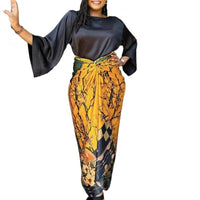 African Large Size Office Lady Printed Two Piece Sets Skirt Womens O-neck Loose Flare Sleeve Lace-up Skirt 2 Piece Suit Womens