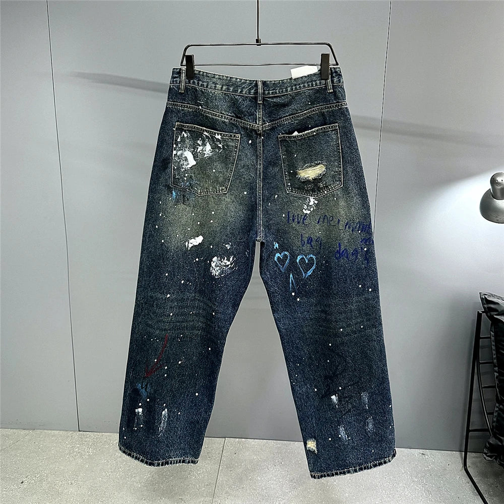 High End Men'S Clothing Hip Hop Graffiti Baggy Jeans For Men Streetwear Skateboard Ripped Jeans Korean Trendy Denim Trousers