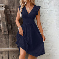 Summer Womens Vacation Short Dress Sexy V Neck Flare Sleeve Solid Color Hollow Lace Waist Dress Casual Beach Holiday Dresses