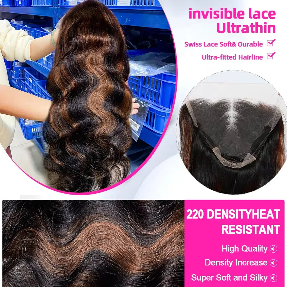 1B/30 Highlight 13x6 Lace Frontal Human Hair Wigs Ombre Black Brown Colored Preplucked 36Inch Body Wave Lace Front Wig For Women