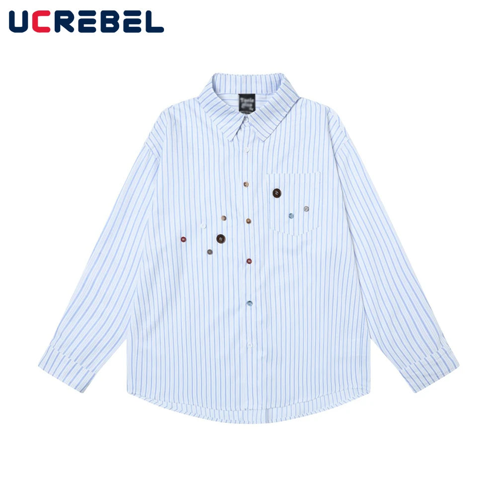 Button Decoration Striped Long Sleeve Shirts Mens High Street Autumn Single Breasted Lapel Pocket Shirts Men