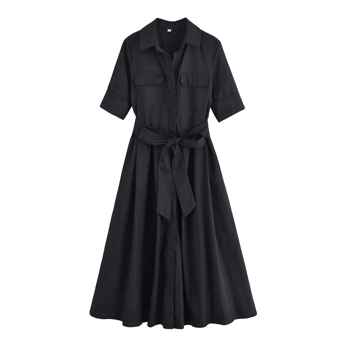 HH Women Fashion Lapel Short Sleeve Pocket Single-Breasted Belt Decorate Midi Dress Female Summer Elegant Slim Pleated Dress