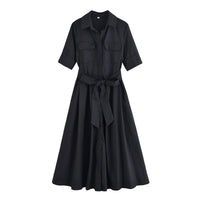 HH Women Fashion Lapel Short Sleeve Pocket Single-Breasted Belt Decorate Midi Dress Female Summer Elegant Slim Pleated Dress