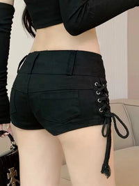 Black Denim Shorts for Women Skinny Bandage Design Y2k Sexy Girls Tender Low Waist Vintage American Style All-match Fashion Ins
