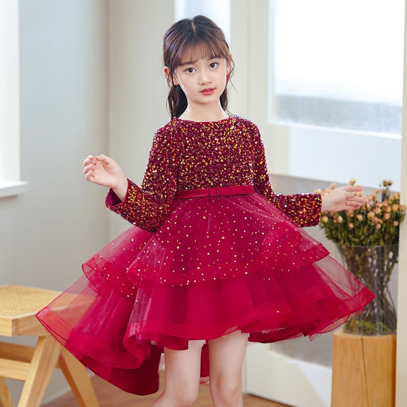 Formal Bridesmaid Long Sleeve Red Trailing Party Dress For Girls Princess Birthday Sequin Prom Gown Children Evening Kids Clothe
