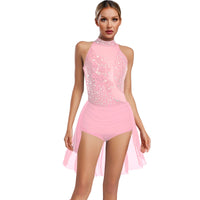 Women Latin Cha-cha Dance Performance Costumes Rhinestone Applique Sleeveless Leotard Skating Ballet Samba Rumba Tango Dancewear