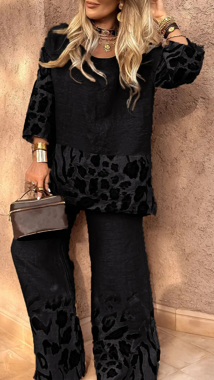 Fashion Leopard Print Set Lady Casual O Neck Three Quarter Tops+Wide Leg Pants Pieces Set For Woman Holiday Womens Clothing 2025