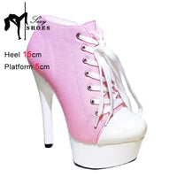 Pink Canvas Round Toe ANKLE Boots Fashion Sexy Female High heel Platform Short Boots for Women Spring/Autumn 15CM Casual Boots