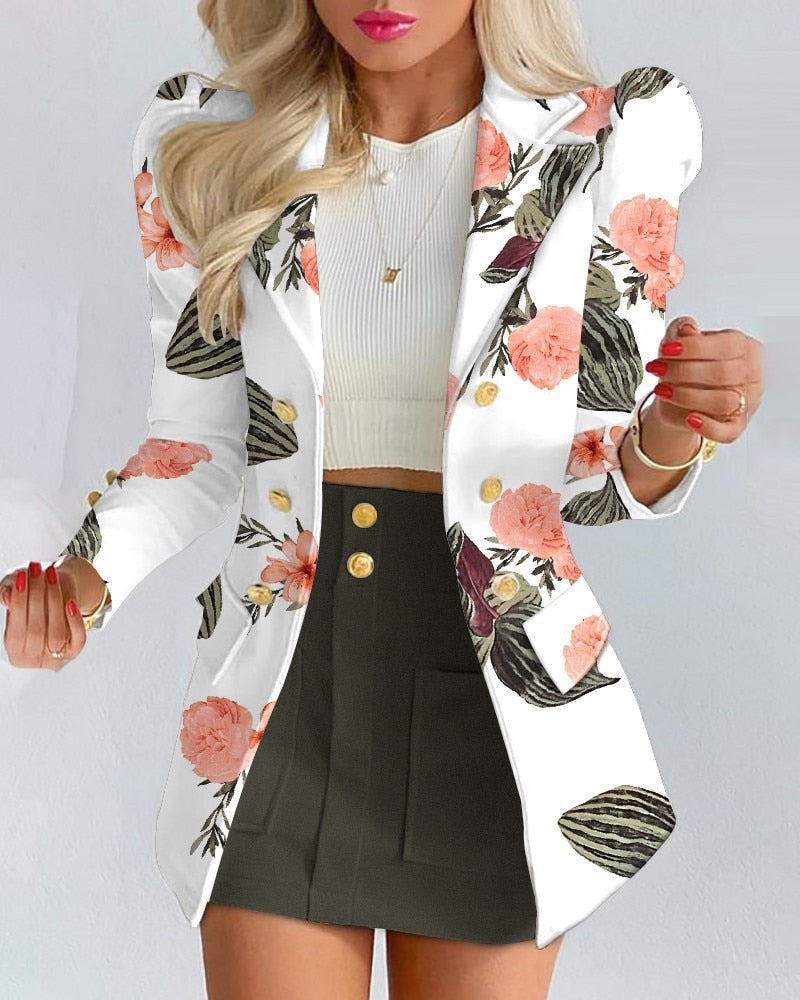 Women's Spring Long Sleeve Solid Color Jacket with Mini Skirt Two-piece Suit Black/White M