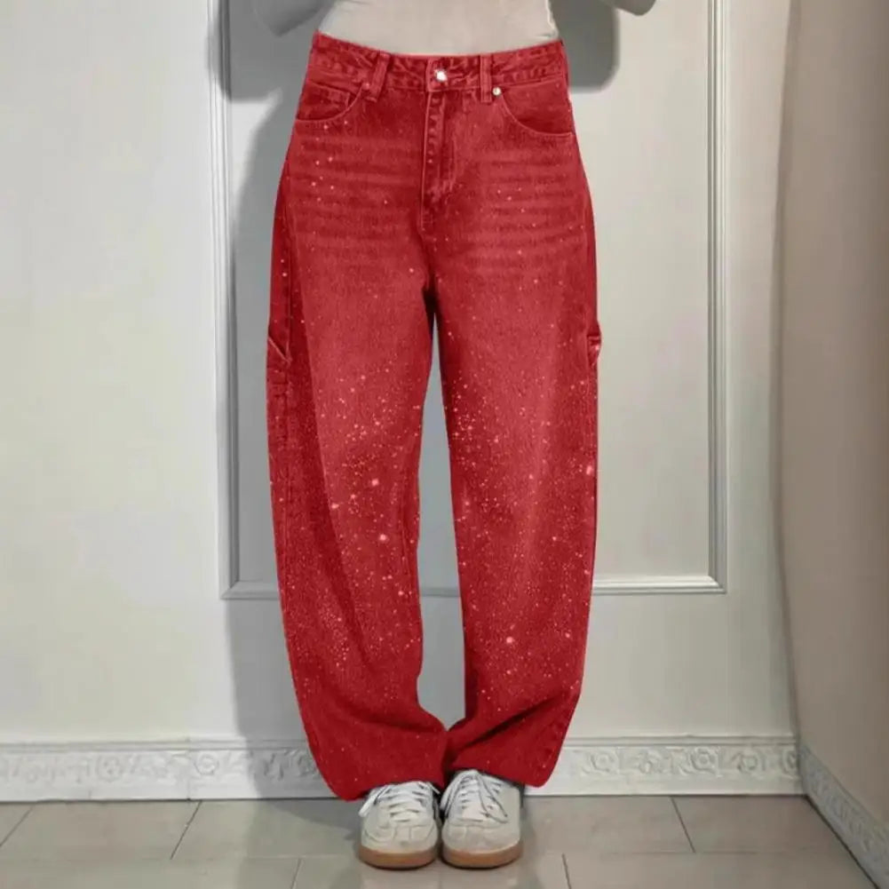 Women's Sparkly Harem Jeans High Waisted Baggy Wide Leg Bling Jeans Casual Straight Leg Denim Pants for Streetwear