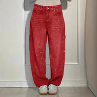 Women's Sparkly Harem Jeans High Waisted Baggy Wide Leg Bling Jeans Casual Straight Leg Denim Pants for Streetwear