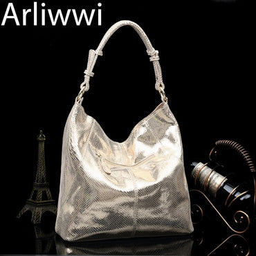 Arliwwi 100% Real Leather Shiny Gold Woman's Shoulder Bags Large Capacity Soft Suede Cowhide Genuine Leather Handbags