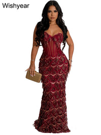 Sexy Spaghetti Strap Backless Bodycon Evening Club Party Dresses for Women Elegant Tassel Sequined Long Dress Birthday Femme
