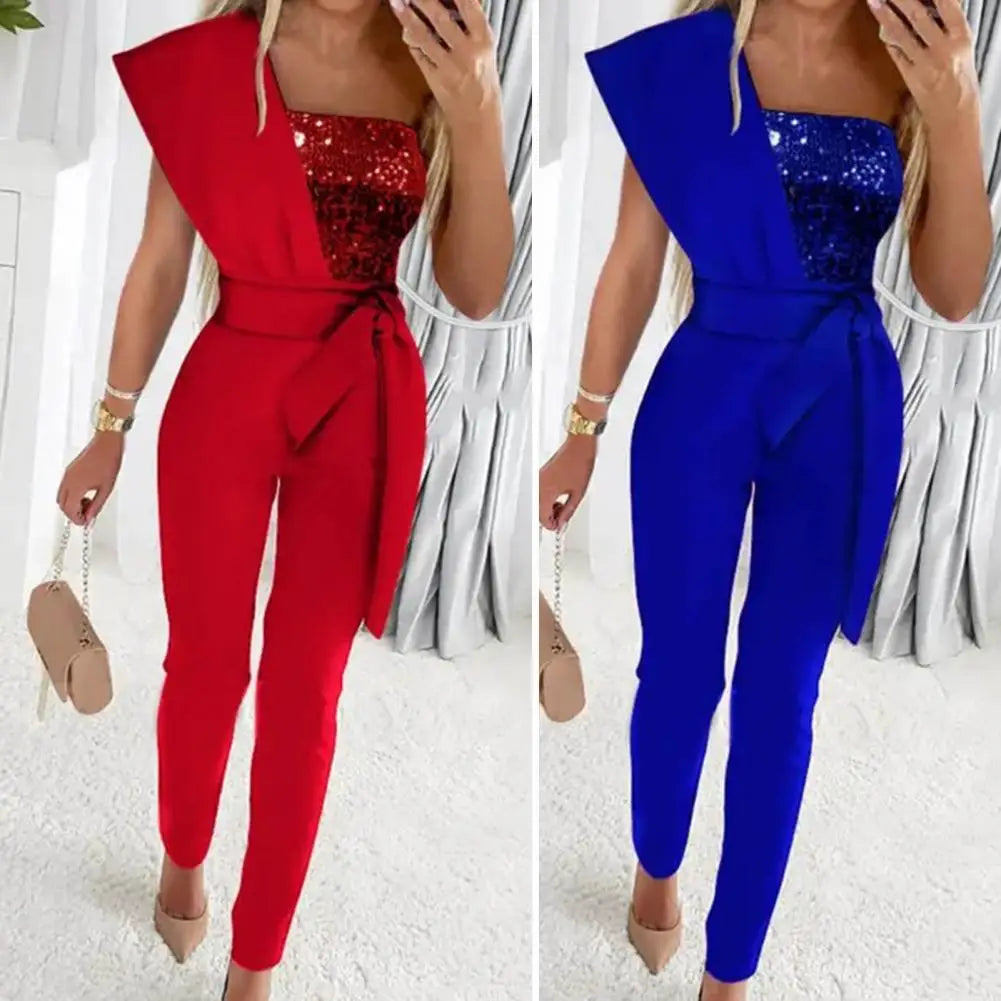 Popular Sexy Romper Elastic Women Jumpsuit Bandage Sexy One Shoulder Straight Romper  Dressing Up