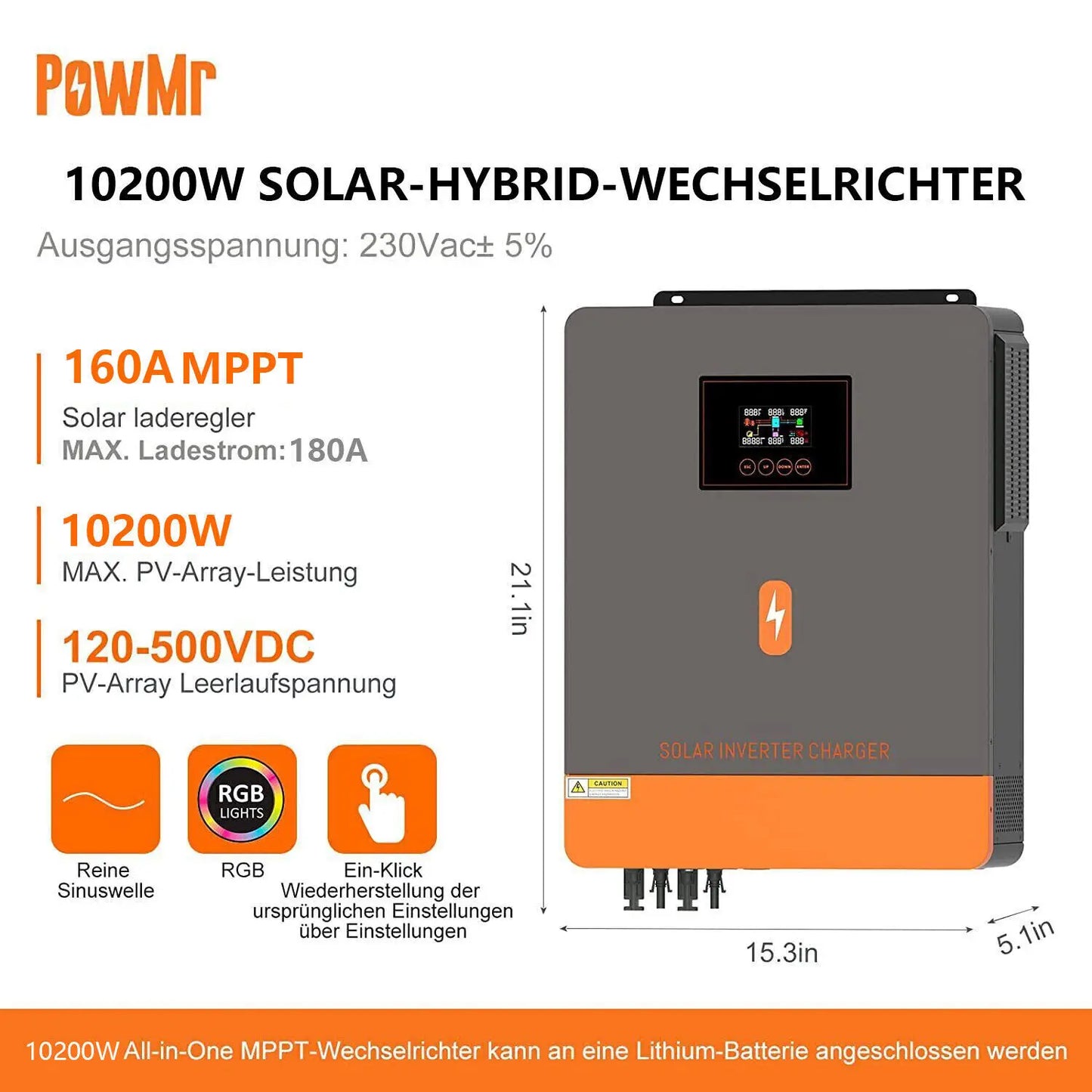 PowMr 10200W 48V Hybrid Inverter Off Grid AC 220V 180A MPPT Charger Controller Off Grid Pure Sinus Wave Solar Inverter With WIFI