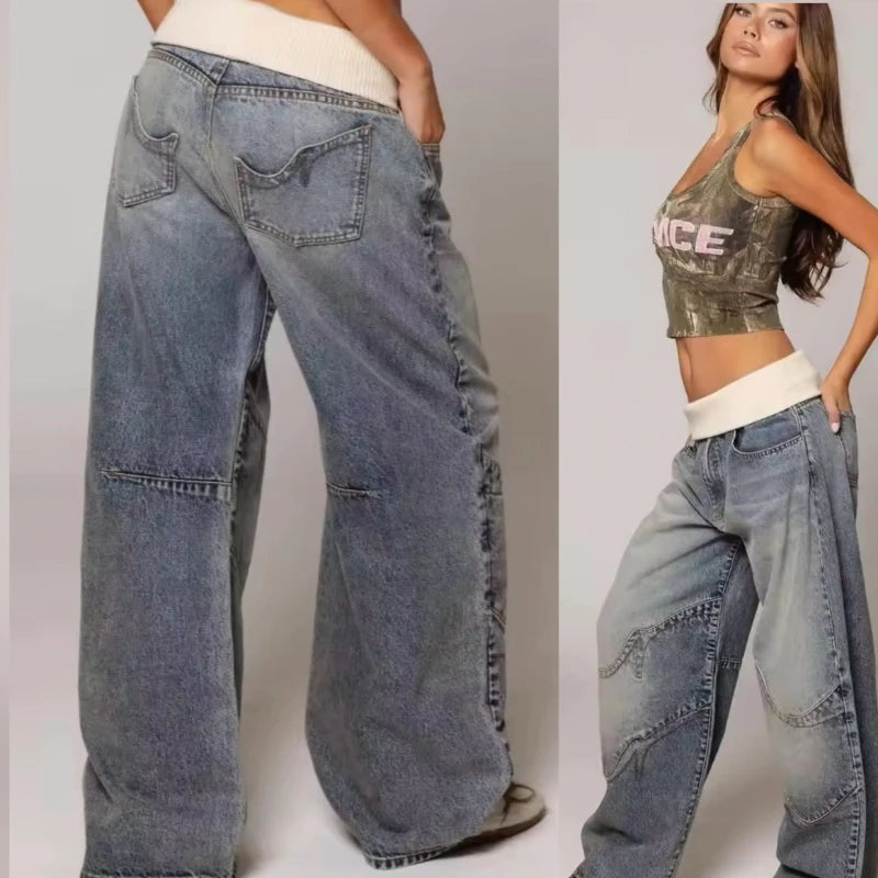 European and American four-season fashion elastic jeans hip-hop gothic splicing retro casual pants women's personalized version