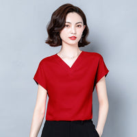 Office Lady Solid V-neck Blouse Women Summer 2023 Short Sleeve Casual Silk Satin Shirts Casual M-4XL Loose Tops Clothes 10297