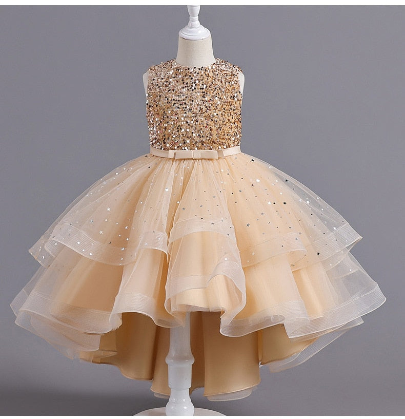 Glitter Sequin Hi-Lo Child Flower Girl Dresses Birthday Tulle Sleeveless Bow Starry Princess Kids Wedding Party Formal Gown