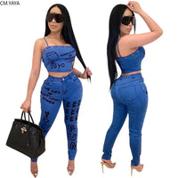 CM.YAYA Club Party Letter Print Fake Jean Women Set Two Piece Set Tracksuits Crop Top Jogger Sweatpants Suit Outfit Matching Set