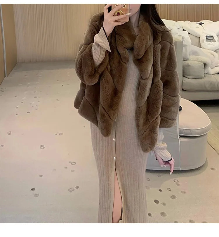 Furyoume Winter Real Rex Rabbit Fur Coat Women Short Fur Jacket Natural Chinchilla Fur Coats Fashion Streetwear Outerwear