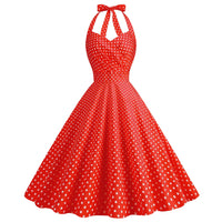 Polka Dot Hepburn Style 50s 60s Vintage Dress A-Line Backless Halter Pin Up Rockabilly Dress Women Summer Retro Party Vestidos